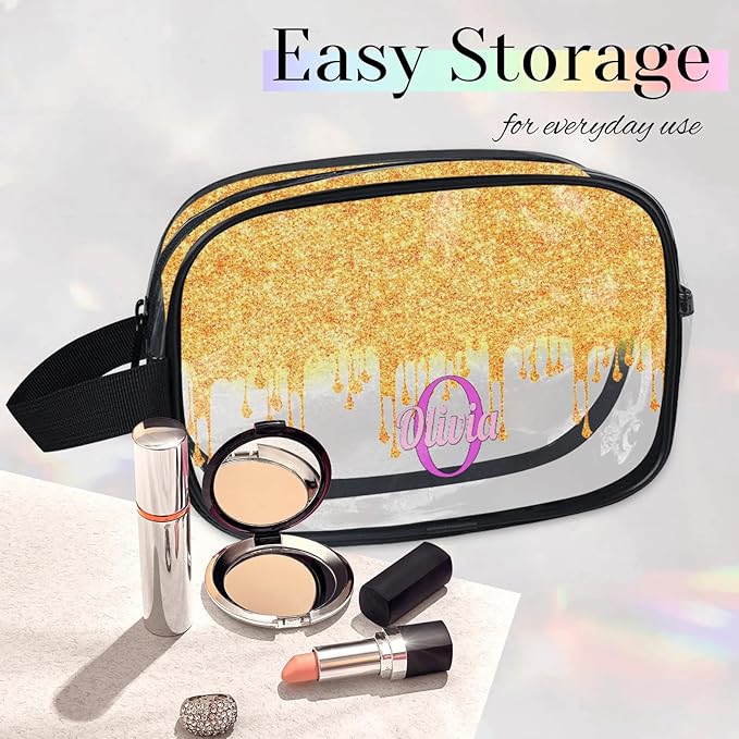 KFNHN Personalized Clear Makeup Bag with Name, Best Friends Teen Women Mom Birthday Gift PVC Cosmetic Toiletry Travel Bag for Toiletries, Gold Color Bling Glittering