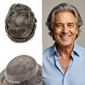 F M FACE MIRACLE NEW YORK Mens Toupee Human Hair Piece French Lace Toupee for Man Hair System Indian Human Hair Replacement Systems V-Looped PU Front Hairpieces 6"X9" #450 Medium Brown with 50% Gray
