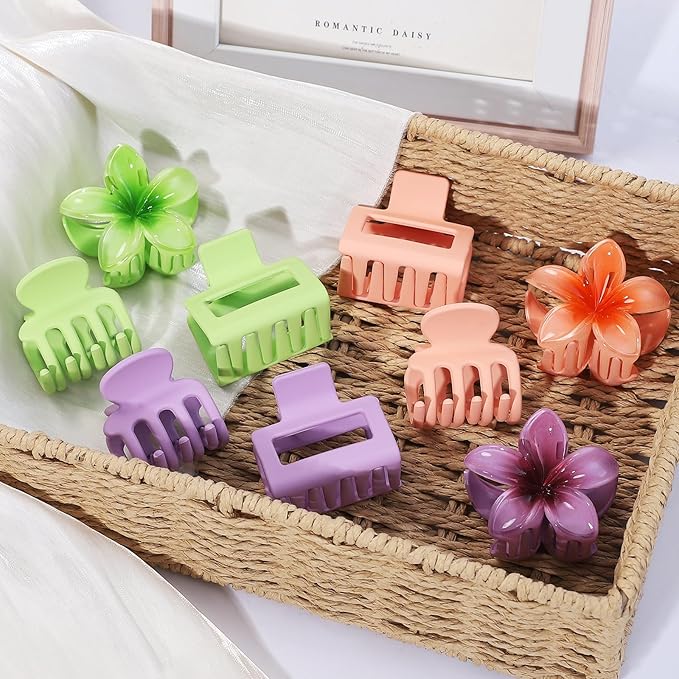 Hair Clips for Women 9 Pack Medium Claw Clips, No Slip Strong Hold Hair Clips for Thick & Thin Hair, Flower Square Aesthetic Styles for Everyday Styling, Trendy Hair Accessories (Purple)