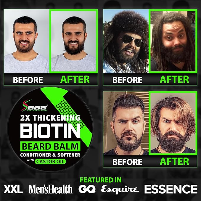 Biotin Beard Balm + 11-in-1 Beard & Hair Growth Shampoo – Kit with Castor Oil, Peppermint & Keratin – 2X Thickening Balm, Mustache Wax & Conditioner – Hydrates, Thickens & Softens