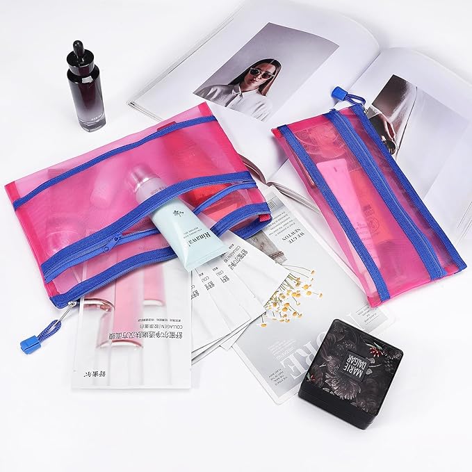 Sinzip 12 Pieces Zipper Nylon Mesh Pouch, Mesh Cosmetic Bags Makeup Bags Pencil Case, Multipurpose Travel Bags for Cosmetic School Office Supplies and Travel Accessories (2 Layers-Hot Pink, A5)