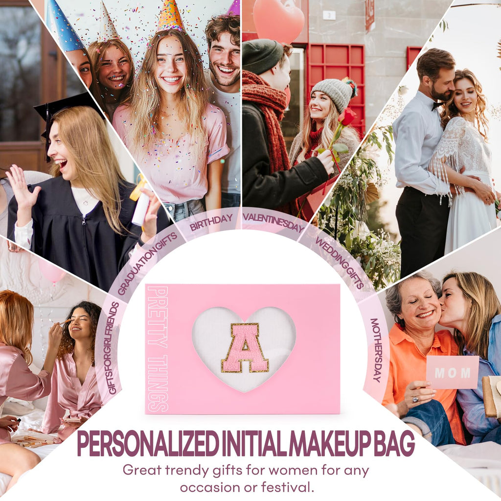 2 PCS Initial Makeup Bags for Women: Cosmetic Bag for Travel Toiletry - Birthday Gifts for 11 12 13 14 15 16 17 18 Years Old Girl Graduation Teacher Gift- Teen Girl Gifts Trendy Stuff - White K