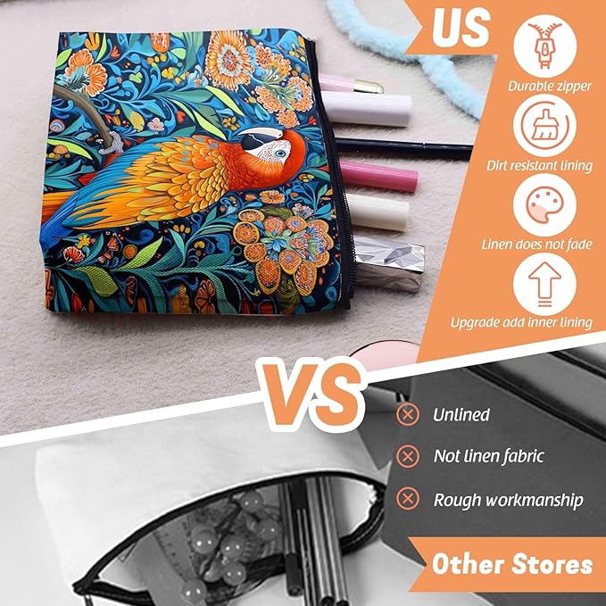 Scribesense Cosmetic Bags Travel Makeup Toilet Case Waterproof Pouch for Women Girls 6.7X9.45inches - Colorful Macaw Stands on Branch
