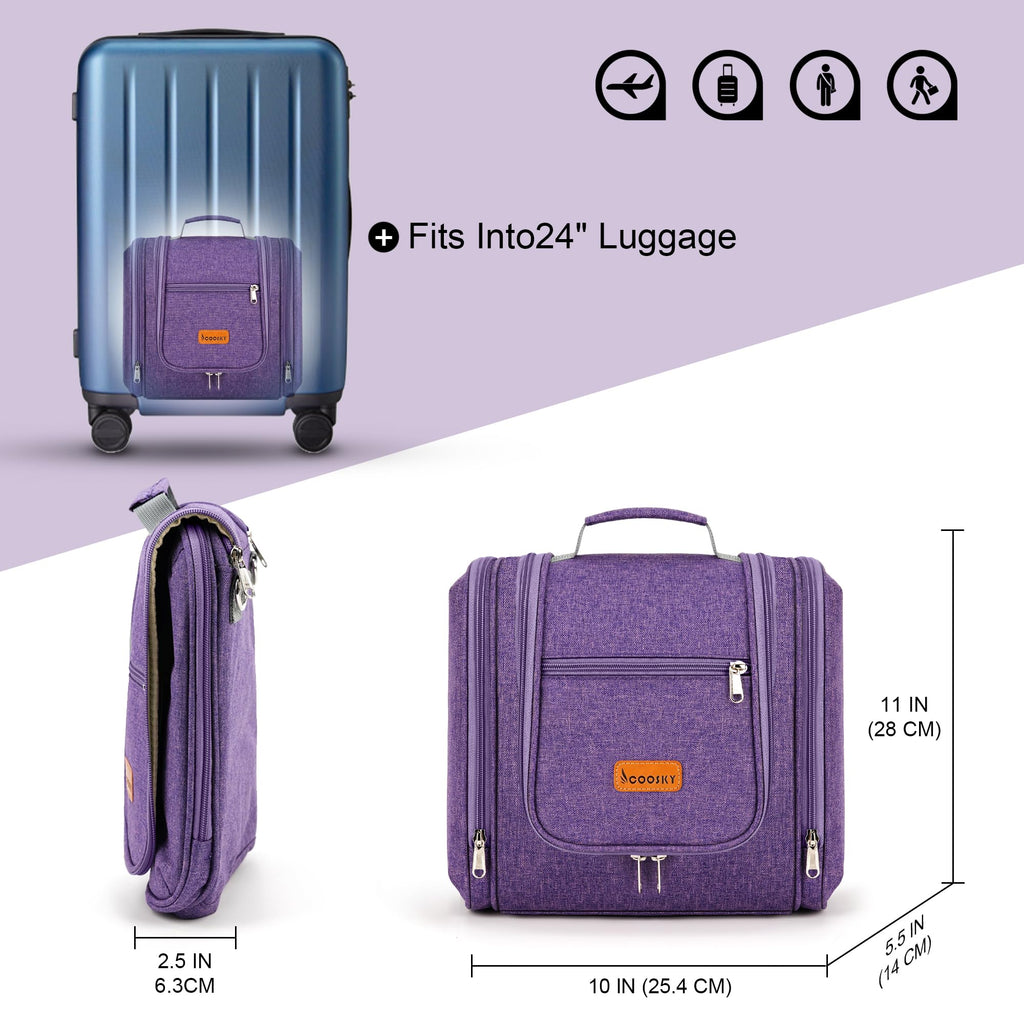 COOSKY Hanging Travel Toiletry Bag for Women and Men, 6 Organizer Compartments, Large Toiletries essentials, Bathroom Cosmetic Accessories, Water-resistant Makeup Bag, Holds Full-Size Shampoo, Purple