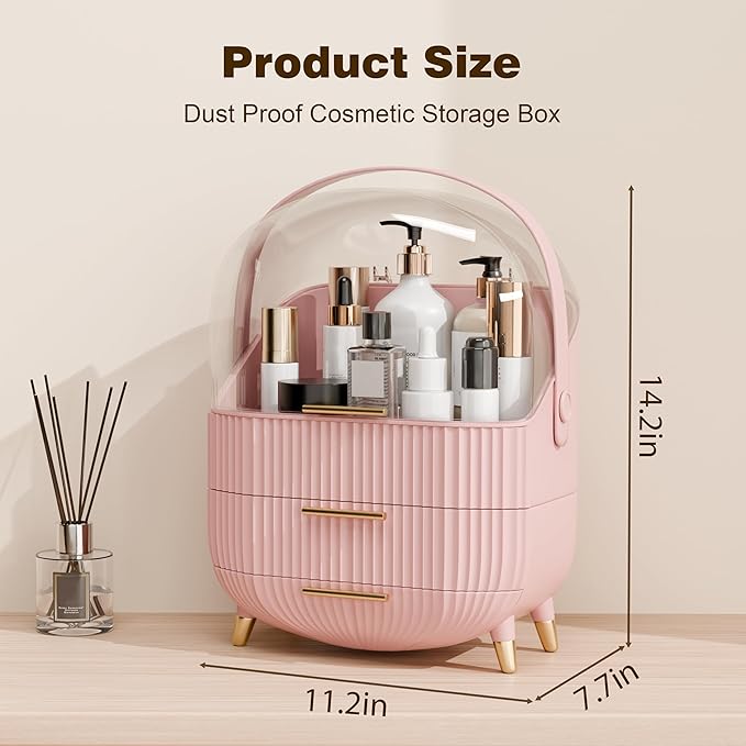lurcns Vanity Organizer with Lid and Drawers, Beauty Skin Care Storage for Countertop, Birthday Gift for Teen Girls, 10 11 12 13 14 15 16 17 18 Year Old Girl Gifts, Pink Makeup Holder for Dresser