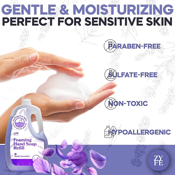 ZYFE Lavender Hand Soap Refills Foam, 64oz Liquid Hand Soap Foam Refill in Recycled Bottle, Natural Handwash Refill with Essential Oils, Biodegradable & Moisturizing