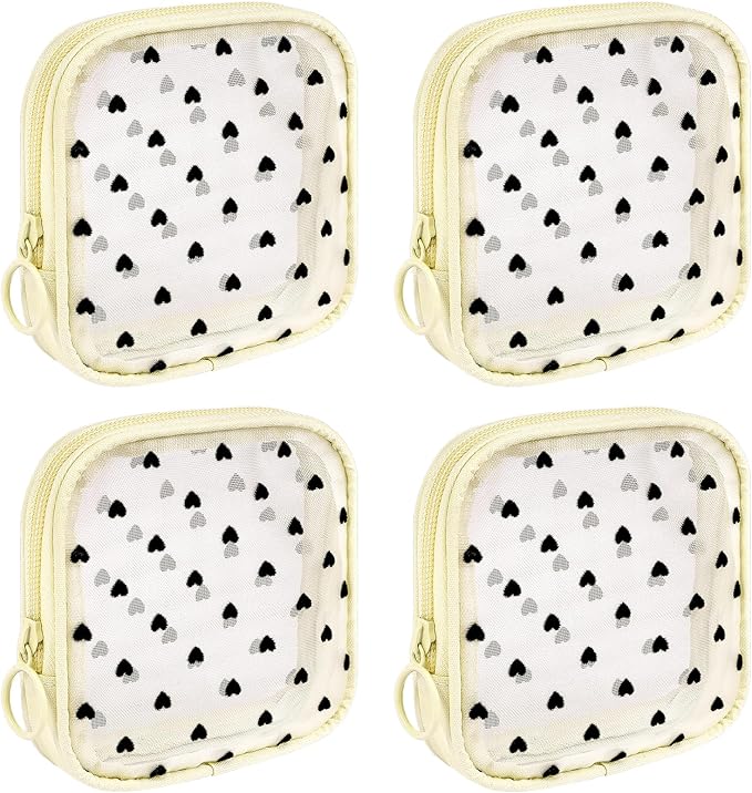 Sinzip 4 Pieces Mini Zipper Nylon Mesh Pouch, Mesh Cosmetic Bags Makeup Bags, Multipurpose Travel Toiletry Bags for Office Supplies and Travel Accessories (Heart Print-Beige, S)