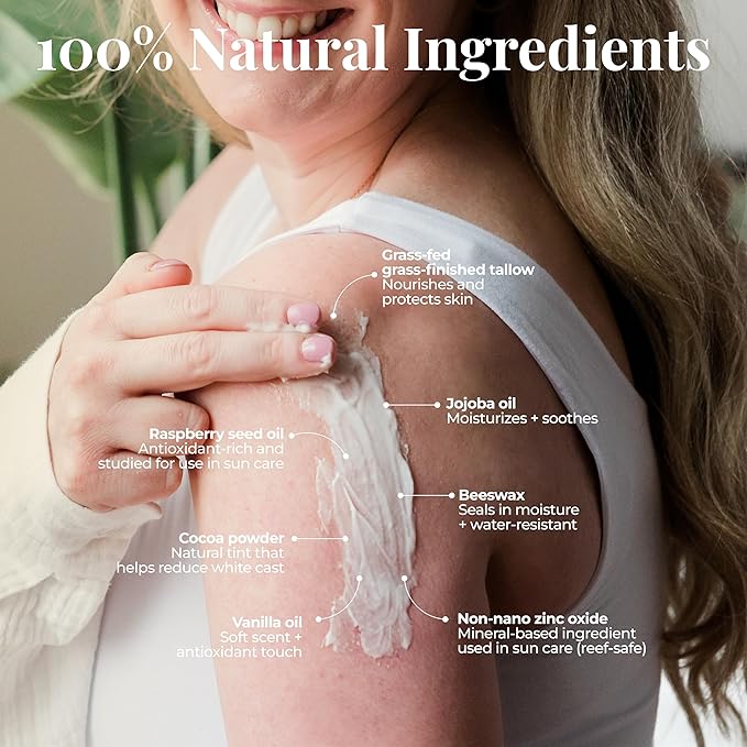 Amallow - Tallow Sun Balm with Zinc Oxide - Tinted Mineral Sun Balm with Cocoa Powder - Natural, Non-Nano Zinc Oxide, Organic Oils - No White Cast - Handcrafted in the USA - 4 oz