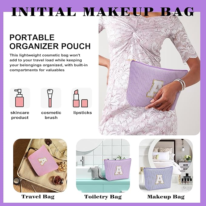 Travel Makeup Bag Organizer - Travel Essentials, Initial Travel Toiletry Bag with Zipper | Small Makeup Bag for Purse Cute Purple Stuff Birthday Gifts for Women Mom Daughter, Purple Letter L