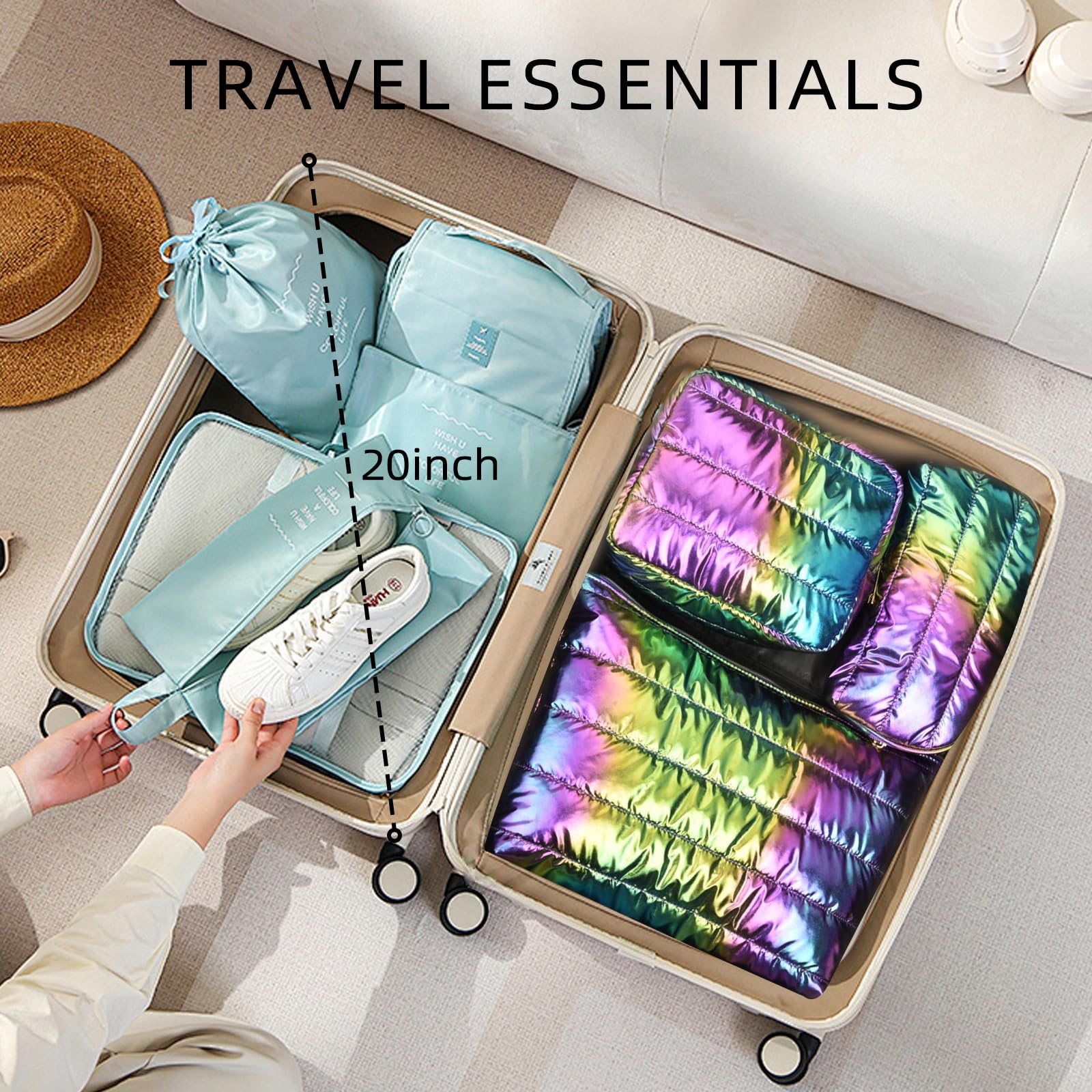 Hiroyuki 3pcs Iridescent Quilted Makeup Bag (ILOVEUMOM, rainbow)