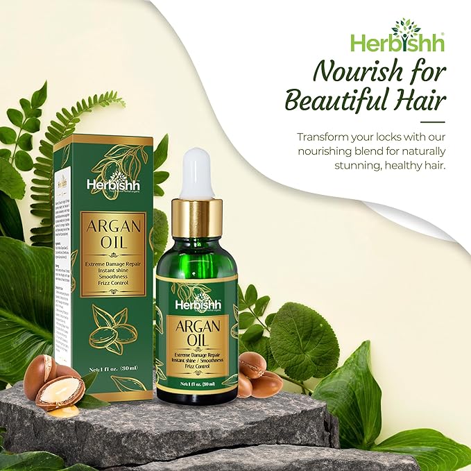 Herbishh Argan Moroccan Oil for Hair (30 ml Each) Serum & Hair Growth Oil Set, Frizz Control Anti Frizz Treatment, Split End Repair, Heat Protectant Leave In Serum Pack of 3, Lightweight Non-Greasy