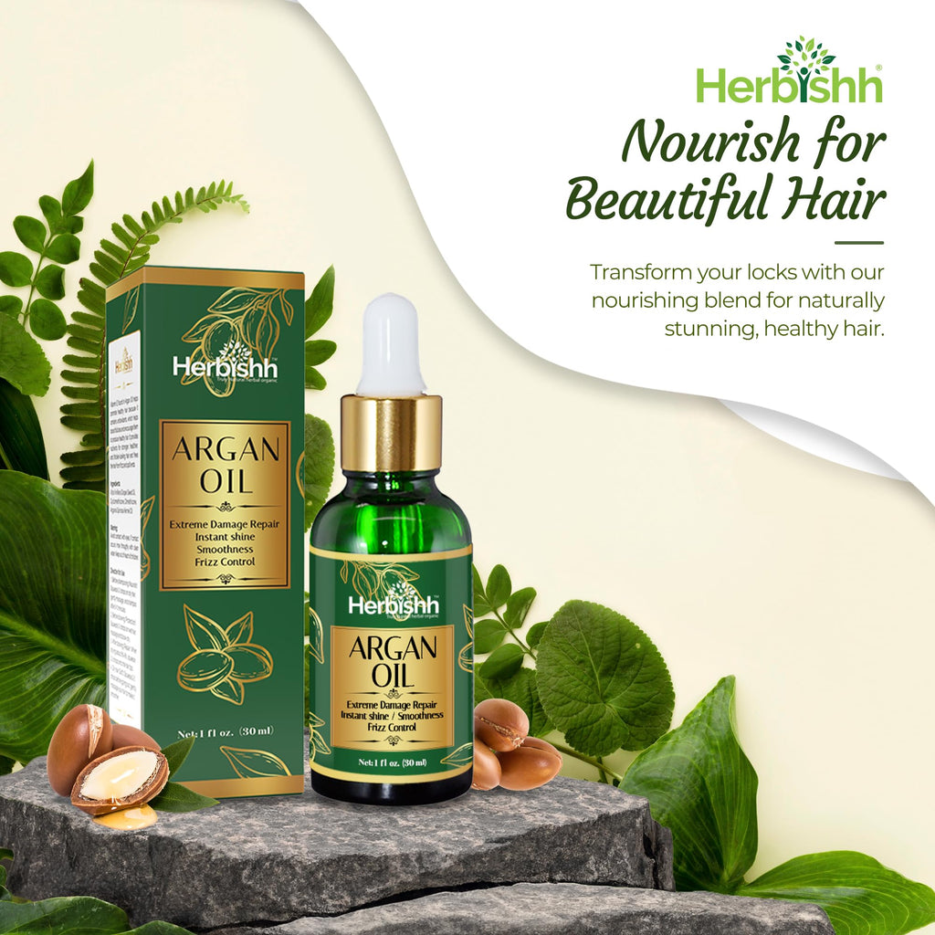 Herbishh Argan Moroccan Oil for Hair (30 ml Each) Serum & Hair Growth Oil Set, Frizz Control Anti Frizz Treatment, Split End Repair, Heat Protectant Leave In Serum Pack of 3, Lightweight Non-Greasy