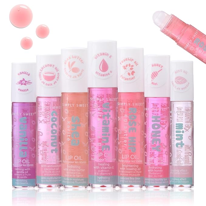 7pc High Shine Lip Glow Oil Collection - Hydrating Roll-On Rollerball Lip