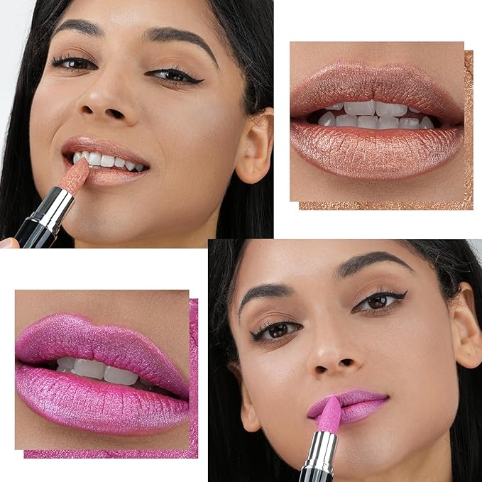 Anglicolor 2pcs Metallic Gold & Pink Lipstick High Impact Lipcolor,Moisturizing Creamy Formula,Frosted Lipstick For Women,Smooth and Non-Sticky,Full-Coverage Lip Color