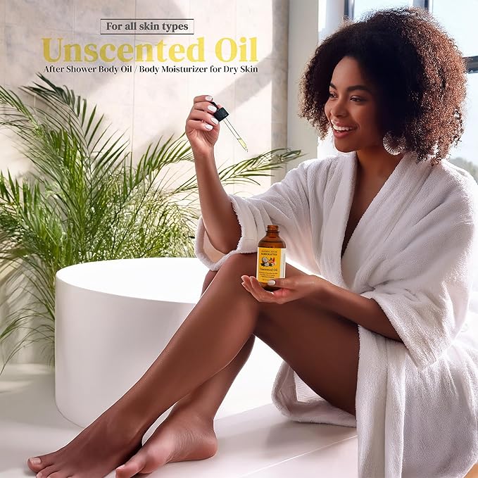 Soothing House Almond Coconut Unscented Moisturizing Body Oil with Fractionated Coconut Oil, Vitamin E, Radiant Looking Glow and Skin Hydration, Instant Absorption, Body, After-Shower oil, 4 Ounces