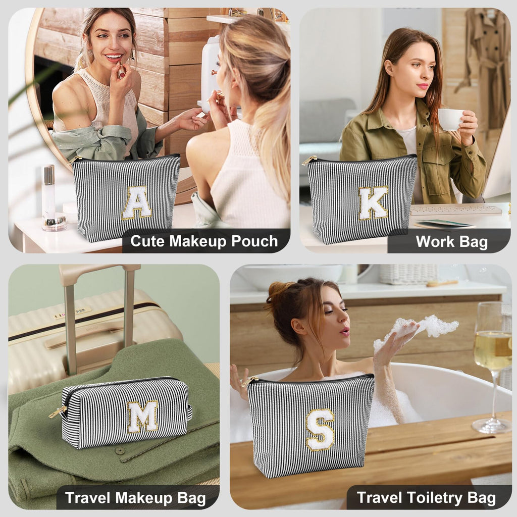 YOOLIFE Travel Makeup Bag Cosmetic Bag - Make Up Bag with Makeup Brush Bag Monogram Makeup Pouch Bag 2 Pieces Cute Makeup Bag Personalized Gifts Best Friend Birthday Gifts for Women Black Letter Y