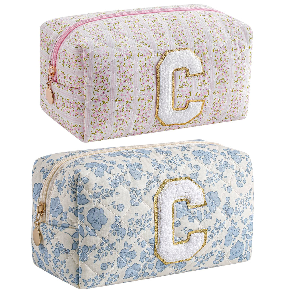 JOVAKIT Makeup Bag Cosmetic Bags for Women, Christmas Gifts for Girls Age 6-18, Alphabet Pink Floral Coquette Zipper Travel Makeup Pouch, Organizer Case Trendy Stuff (Pink+ Blue C)