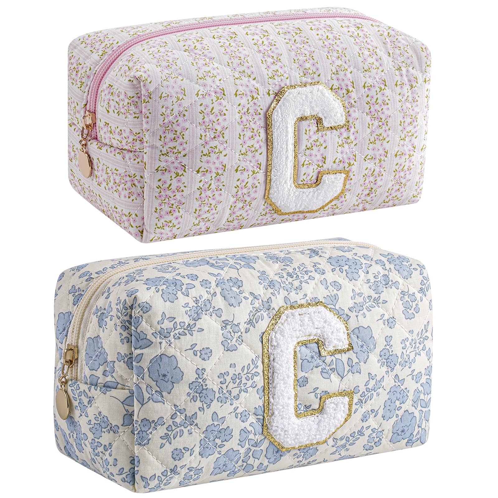 JOVAKIT Makeup Bag Cosmetic Bags for Women, Christmas Gifts for Girls Age 6-18, Alphabet Pink Floral Coquette Zipper Travel Makeup Pouch, Organizer Case Trendy Stuff (Pink+ Blue C)