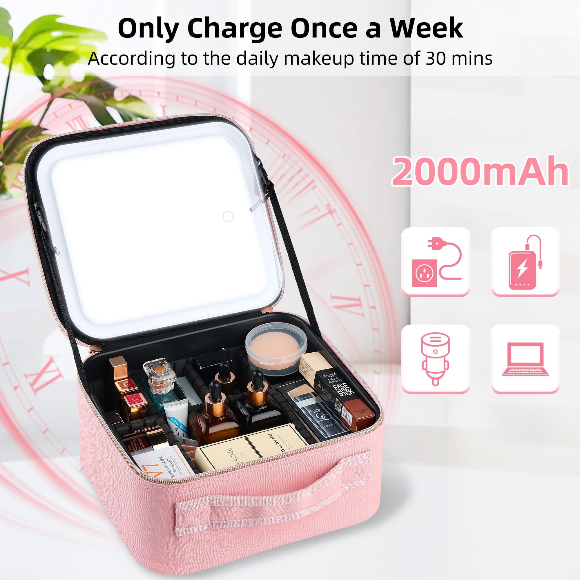 ZhenGuiRu Travel Makeup Bag with LED Mirror – Waterproof Cosmetic Train Case with Adjustable Dividers, Portable Makeup Organizer and Toiletry Bag for Women, Teens & Girls Gift, Pink