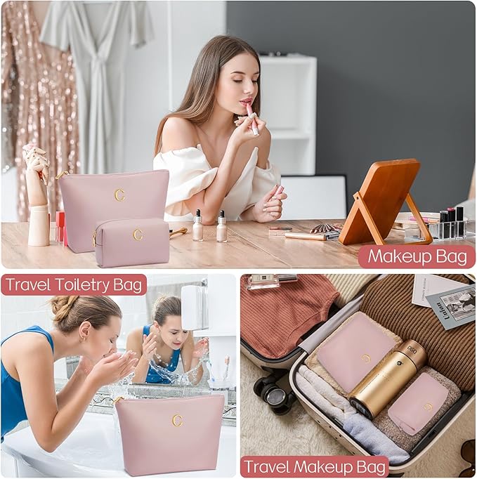 Women Gifts | Initial Makeup Bag Set for Girl Personalized Gifts for Bridesmaid Friend Graduation Teachers PU Leather Cosmetic Travel Toiletry Bag(Pink,C)