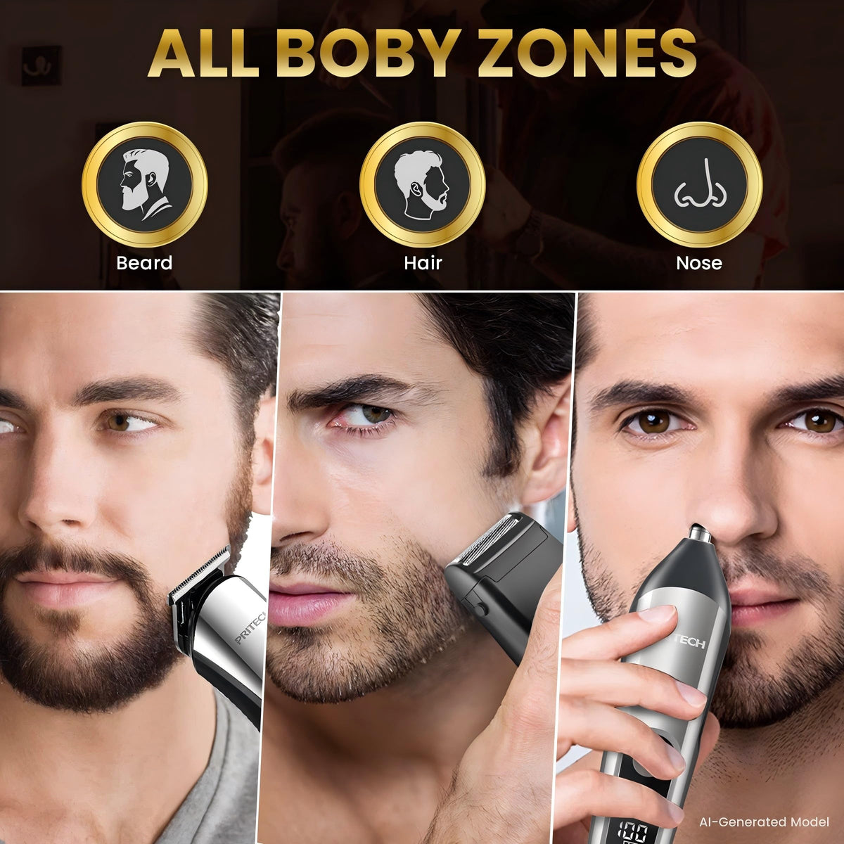 PRITECH Cordless Beard Trimmer for Men, 3-in-1 Grooming Kit, USB Charging