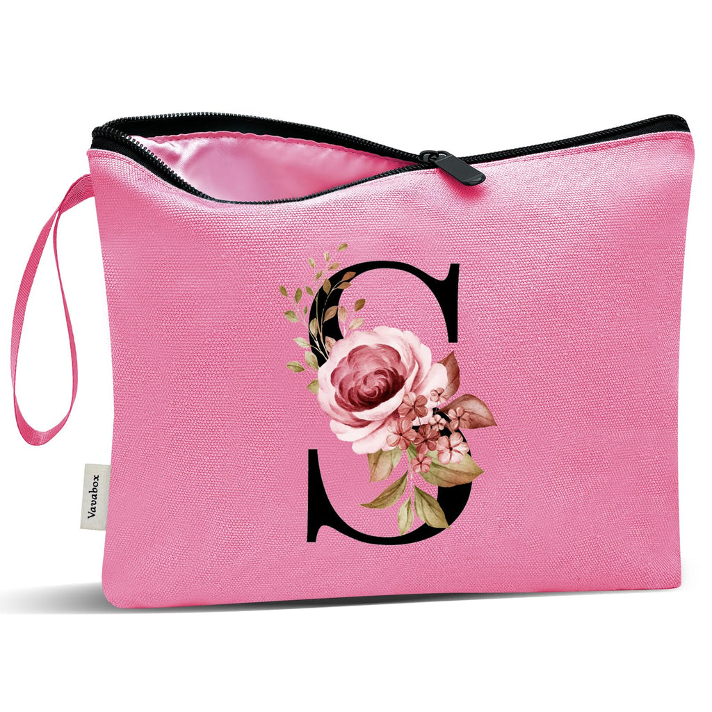 Vavabox A-Z Personalized Makeup Bag, Birthday Gifts for Women Mom, Gifts for Best Friend, Bride Bridesmaid Cosmetic bag (M, Peach)
