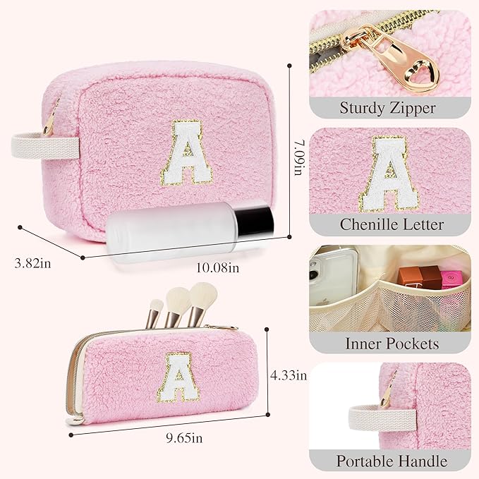 ibeacos 2PCS Makeup Bag with Initials, Valentines Day Gifts for Teen Girls Trendy Stuff, Personalized Cosmetic Travel Bag Pouch for Granddaughter, Cute Plush Make up Bags for Birthday - Pink M