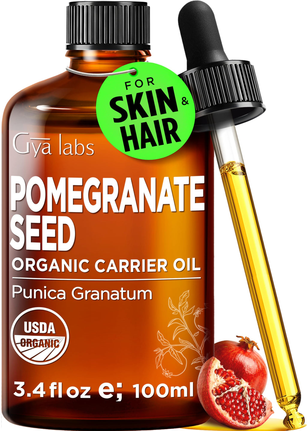 Gya Labs USDA Organic Pomegranate Seed Oil - 3.4 Fl Oz - Carrier Oil for Hair, Skin, Face, Scalp & Body Massage