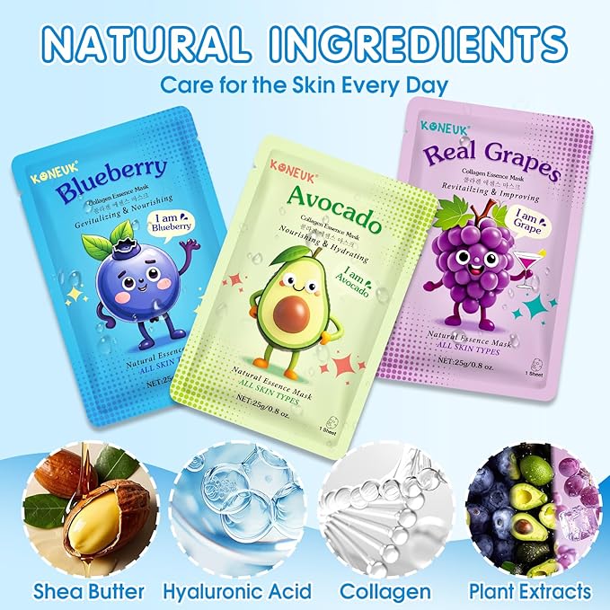 KONEUK 28 Pack Fruit Face Masks Skincare for Kids Girls, Sheet Face Mask