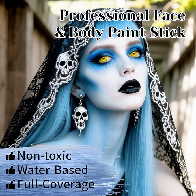YBUETE Black White Light Blue Face Body Paint Stick Set for Halloween SFX