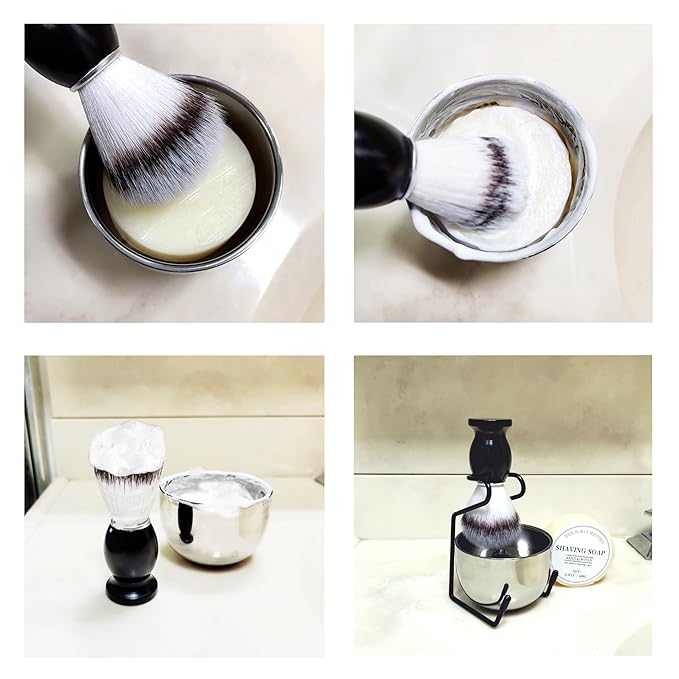 Shaving Brush Set for Men, 4pcs Shaving Set Includes Shaving Brush Shaving Soap, Steel Bowl and Razor Stand