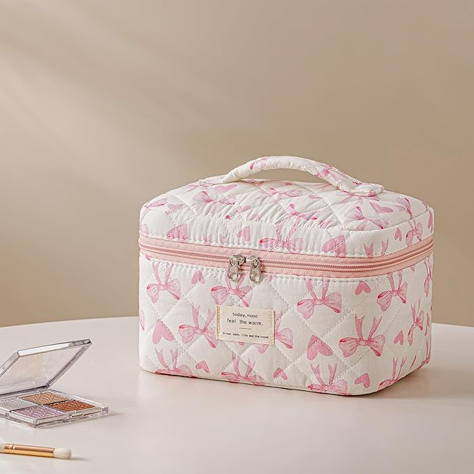 HBselect Quilted Makeup Bag, 3Pcs Cotton Large Travel Makeup Bags Organizer