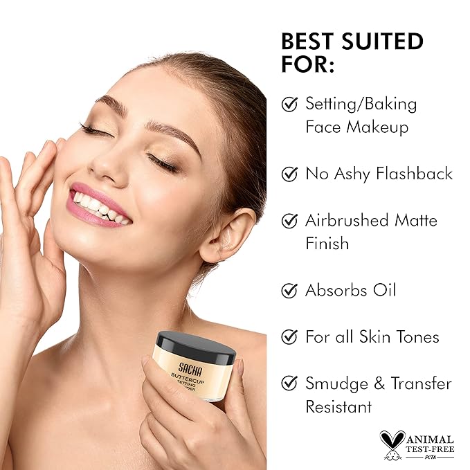 Sacha Buttercup Light Setting Powder – Light to Medium Skin Tones Translucent Loose Face Powder, Flashback-Resistant, Oil Control, Long-Wear Matte Finish (1.75 oz)