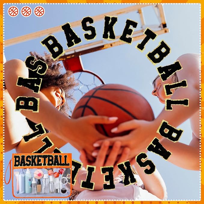 2 Pcs Basketball Gift Bag Girl Basketball Goodie Bag for Snack Treat Candy March Madnesss Clear Makeup Cosmetic Toiletry Purse Chenille Letter Zipper Pouch for Women Sport Mom Essential Accessory