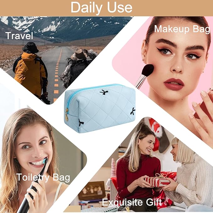 HHQQWZ Makeup Bag Travel Cosmetic Bag for Women Girls, Zipper Make Up Pouch, Floral Flowers Toiletry Organizer Makeup, Portable Storage Cosmetic Travel Cloth Bag (Sky Blue)