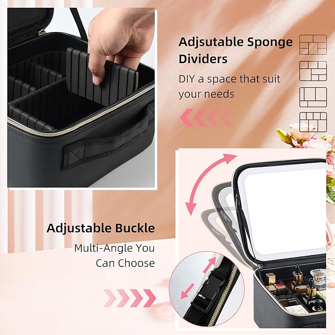 ZhenGuiRu Travel Makeup Bag with LED Mirror – Waterproof Cosmetic Train Case with Adjustable Dividers, Portable Makeup Organizer and Toiletry Bag for Women, Teens & Girls Gift, Black