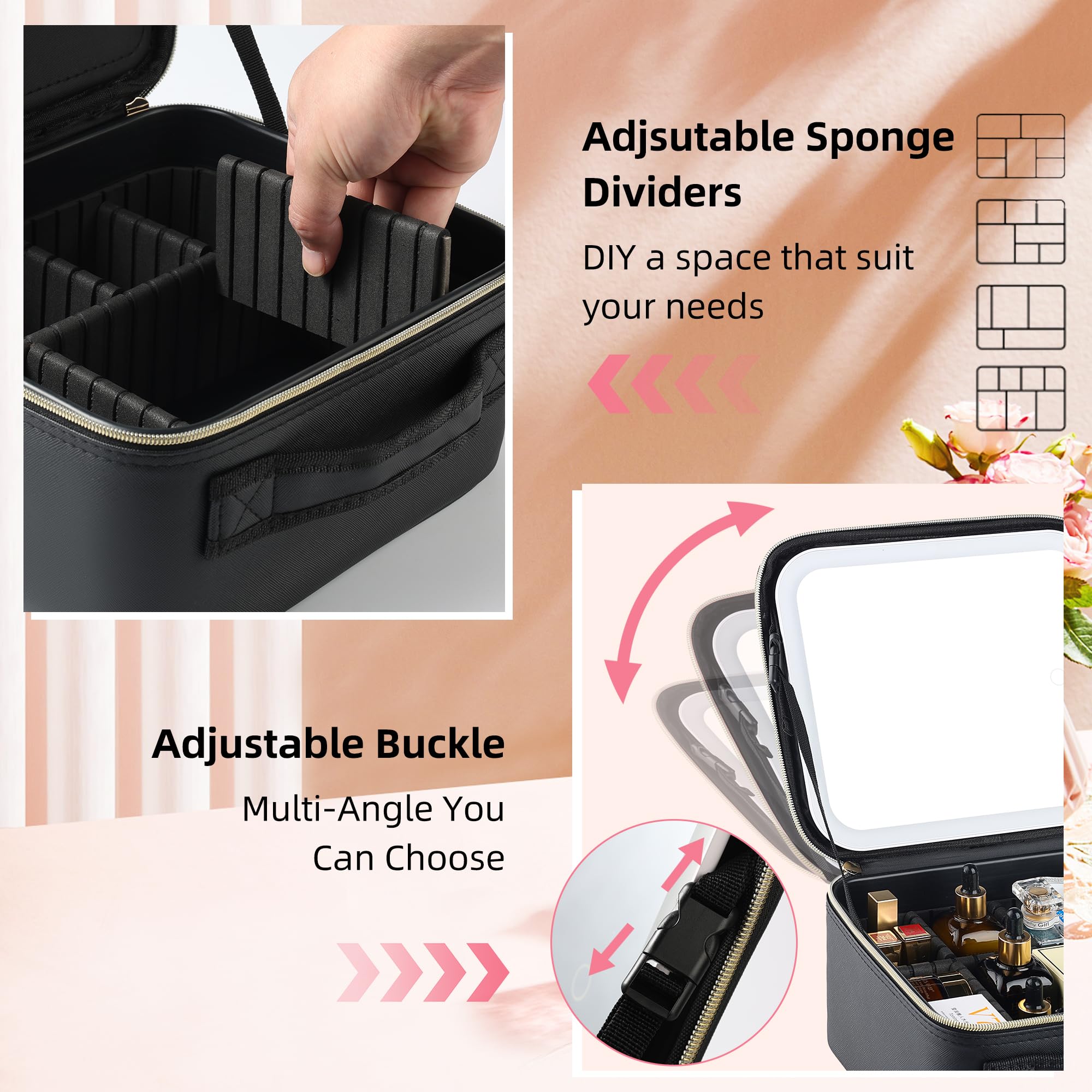ZhenGuiRu Travel Makeup Bag with LED Mirror – Waterproof Cosmetic Train Case with Adjustable Dividers, Portable Makeup Organizer and Toiletry Bag for Women, Teens & Girls Gift, Black