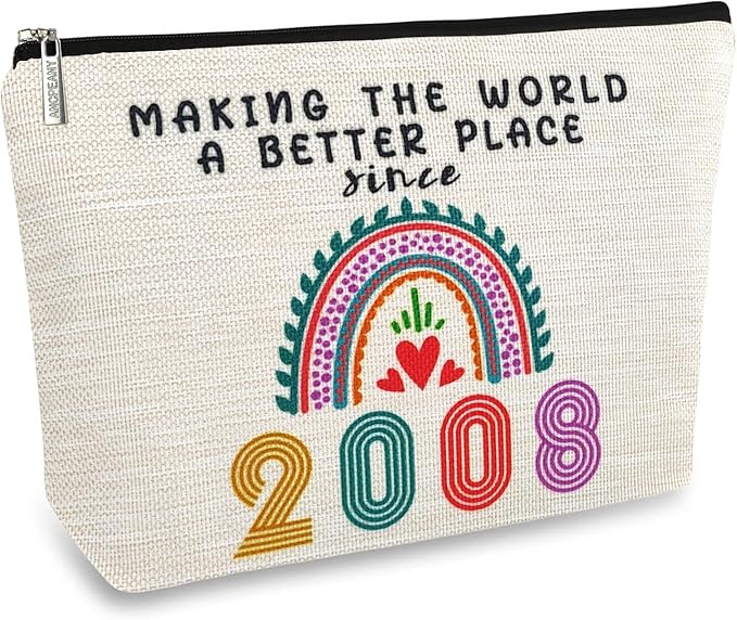 Ancpeany Happy 18th Birthday Decorations for Girls, 18th Birthday Gifts for Girls, Her, Sister, Daughter, Niece, Funny 2008 Gifts for 18 Year Old Girl, Travel Makeup Bag, Rainbow Linen Cosmetic Case