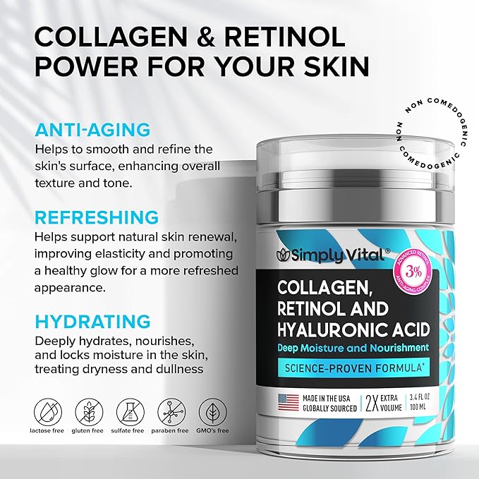 Anti-Aging Face Moisturizer with Retinol, Collagen & Hyaluronic Acid - Moisturizer Face Cream for Women & Men - Visibly Firming & Hydrating Neck Cream - Day & Night Skin Care - 3.4 fl oz