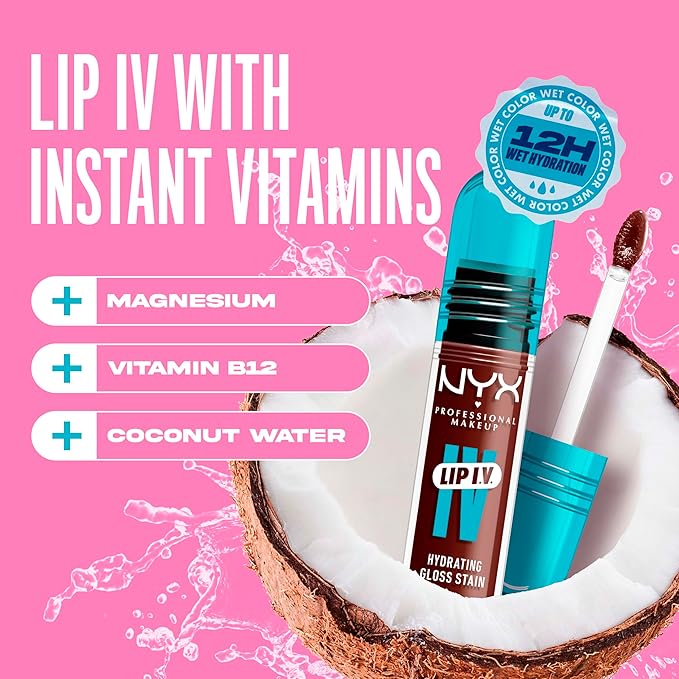 NYX PROFESSIONAL MAKEUP Lip IV Hydrating Glossy Lip Stain, Long-Lasting, Tinted, Vegan Formula with 12 HR Hydration - Mocha Me Wet (Brown)