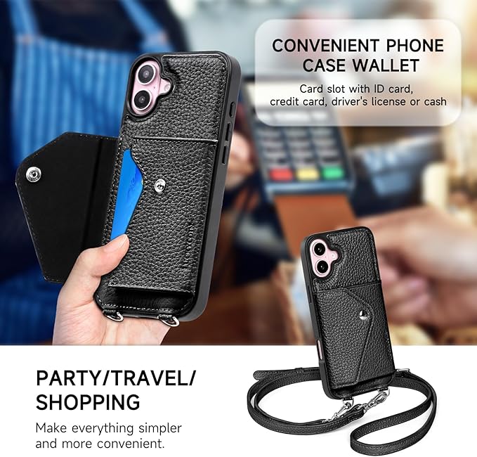 LUCKYCOIN Crossbody Phone Case for iPhone 16 Plus,100% Genuine Leather Phone Wallet Case for Women, Premium Hands-Free Phone Purse with Expandable Flip Card Holder & Adjustable Strap - Pebble Black
