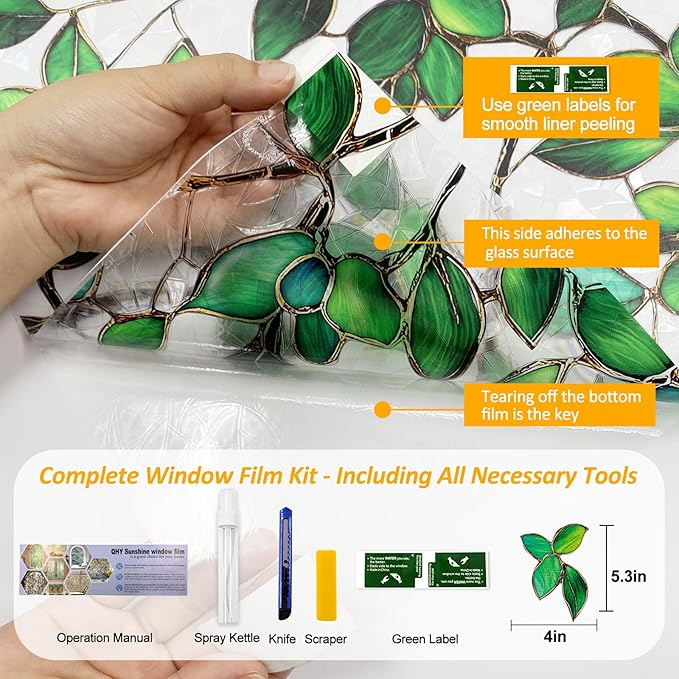 QHYsunshine Stained Glass Window Privacy FilmDecorative Rainbow Static Clings -ldeal for Home &Office,Adhesive-Free,Removable, Uv-Blocking(Green Rainbow, 45.2 X 157.4 in)