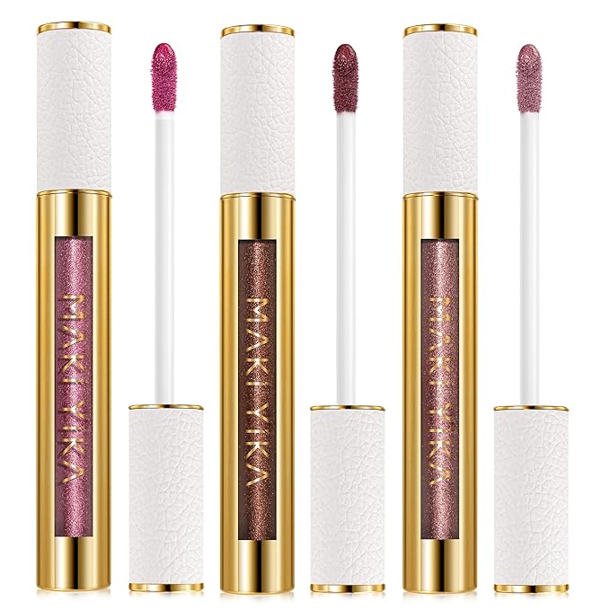 MAKI YIKA 3Pc Metallic Lipstick Long Lasting Pink Brown Nude Glitter Lipsticks