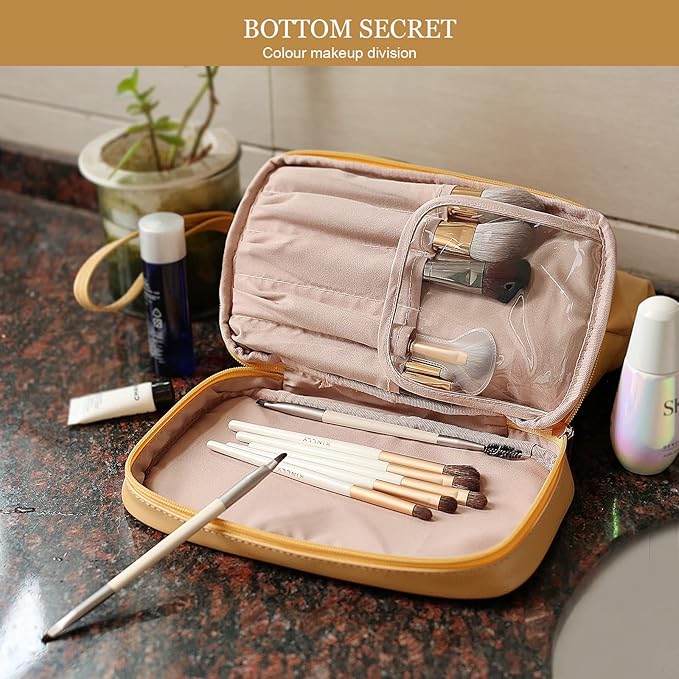 Abiudeng Large Makeup Bag for Women,Travel Makeup Organizer with Brush Holder, Dopp Kit Essentials,Waterproof PU Cosmetic Bag for Traveling,Multi Compartment, Cute,Spacious Capacity-yellow