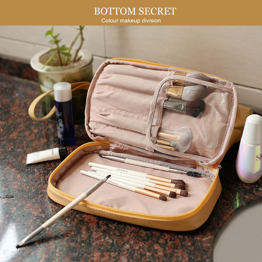 Abiudeng Large Makeup Bag for Women,Travel Makeup Organizer with Brush Holder, Dopp Kit Essentials,Waterproof PU Cosmetic Bag for Traveling,Multi Compartment, Cute,Spacious Capacity-yellow