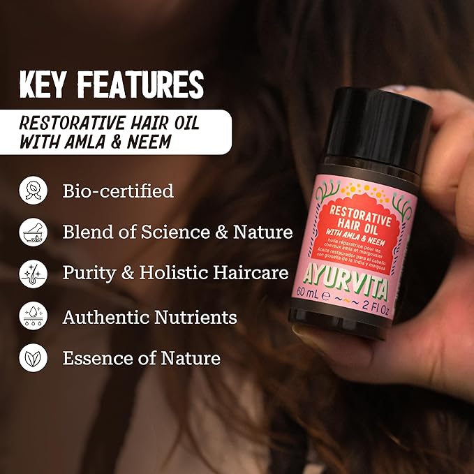 AyurVita Restorative Hair Oil - Amla for Strengthening & Neem for Preventing Dryness and Dandruff - For Dry, Damaged Hair Growth - For Men & Women - 2 fl oz