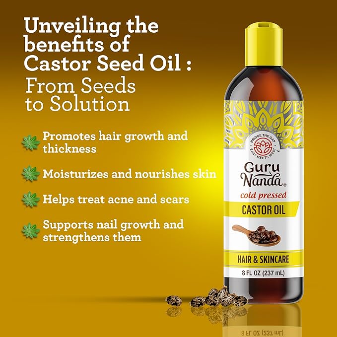 GuruNanda Castor Oil (8 Fl oz) - 100% Pure, Cold Pressed & Hexane-Free Oil - Natural Carrier Oil to Support Growth for Nails, Hair, Eyebrows & Eyelashes - Promotes Skin Hydration & Moisturization