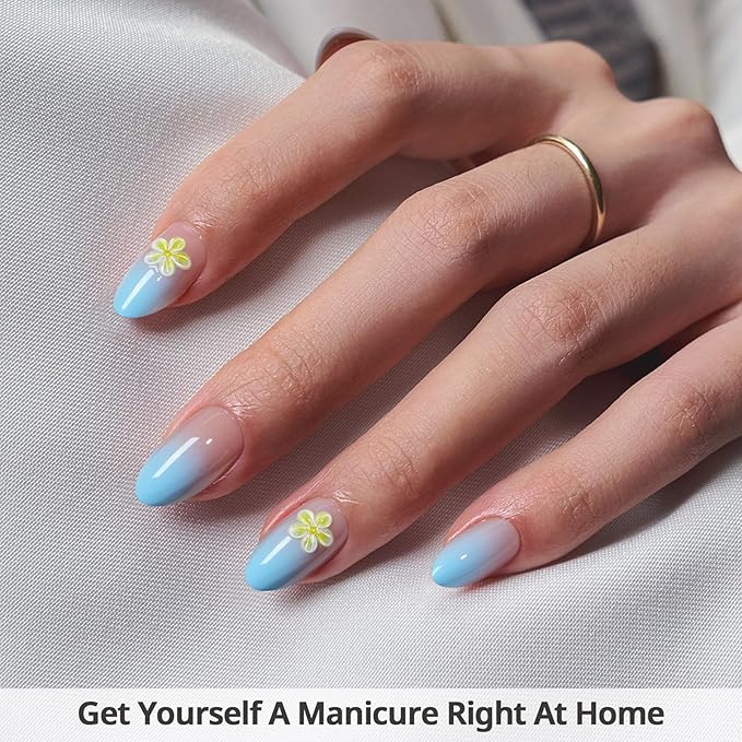 BTArtbox Press On Nails, Garden Party, Short Almond, Blue 3D Flower, 32Ct