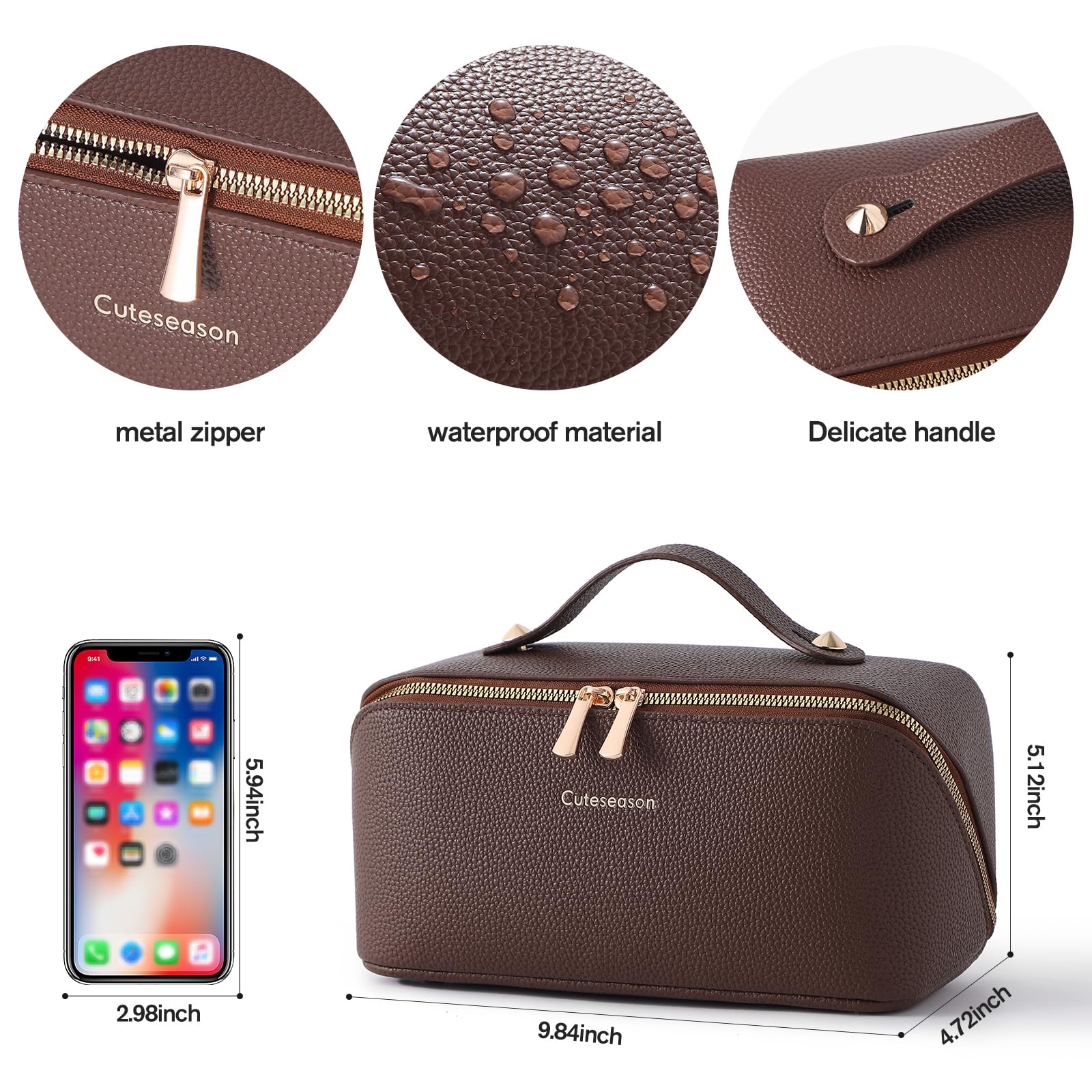 Cuteseason PU Leather Makeup Bag for Women, Structured Makeup Case with Wide Opening, Travel Cosmetic Bag with Compartments and Handle, Water-Resistant Makeup Organizer(Black Diamond Quilted)