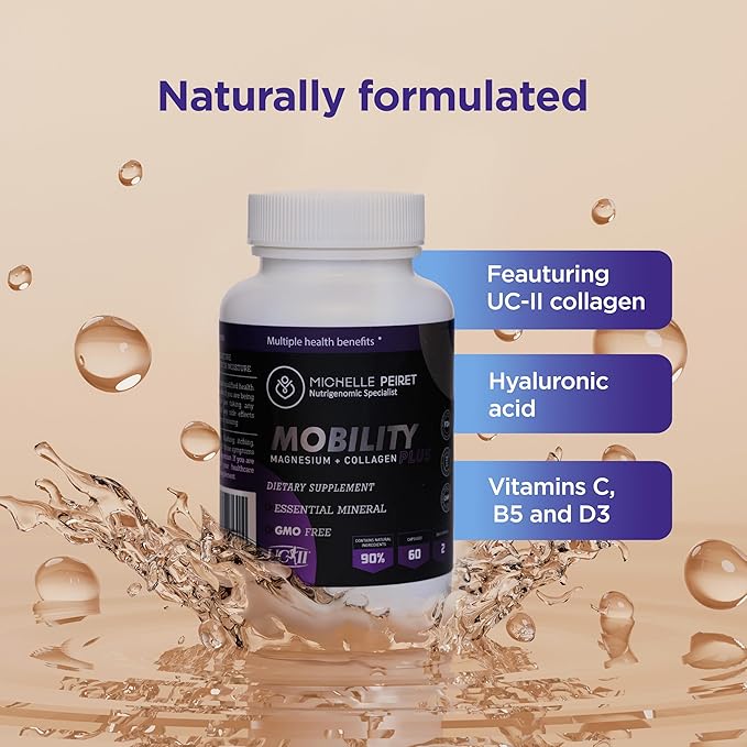 Michelle Peiret Mobility - Magnesium + Collagen Supplement with Hyaluronic Acid & Vitamin C | Supports Bones, Joints & Muscles | Gluten-Free & Non-GMO | 60 Capsules for Men & Women